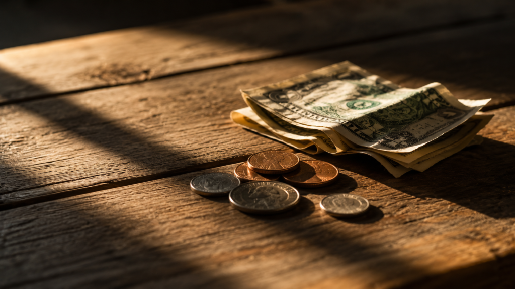 Coins and folded bills scattered casually on a sunlit wooden surface
