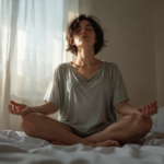 A person sitting cross-legged on a bed with eyes closed and hands resting open on their knees, early morning light