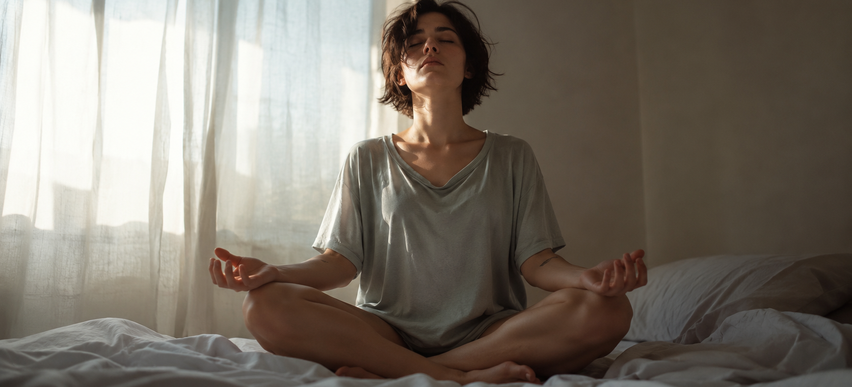 A person sitting cross-legged on a bed with eyes closed and hands resting open on their knees, early morning light