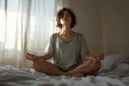 A person sitting cross-legged on a bed with eyes closed and hands resting open on their knees, early morning light
