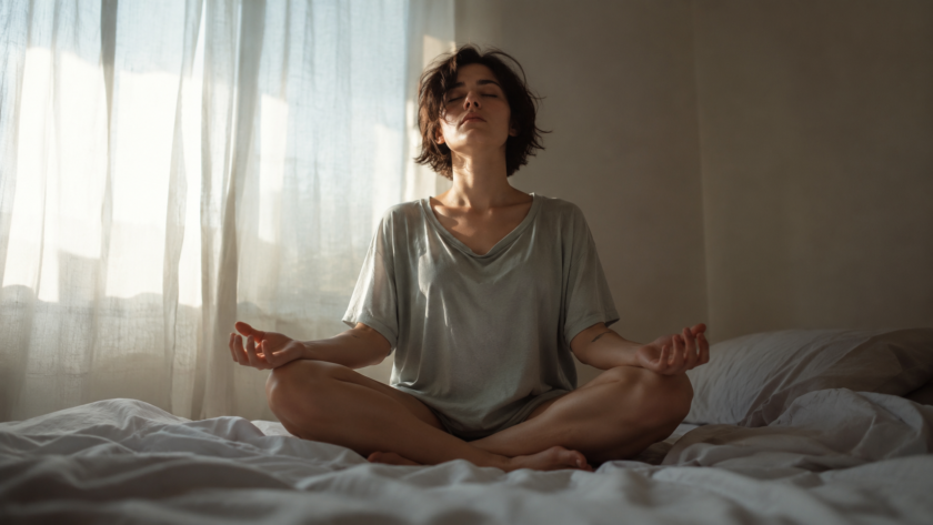A person sitting cross-legged on a bed with eyes closed and hands resting open on their knees, early morning light