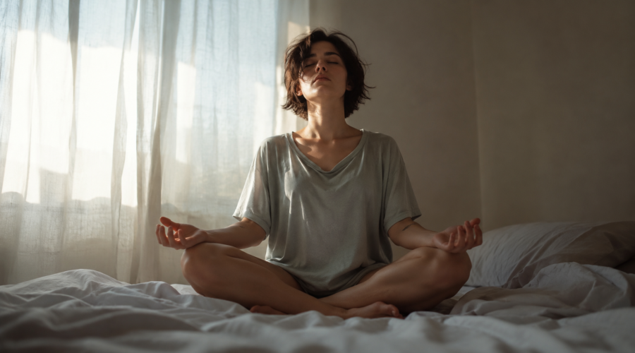 A person sitting cross-legged on a bed with eyes closed and hands resting open on their knees, early morning light