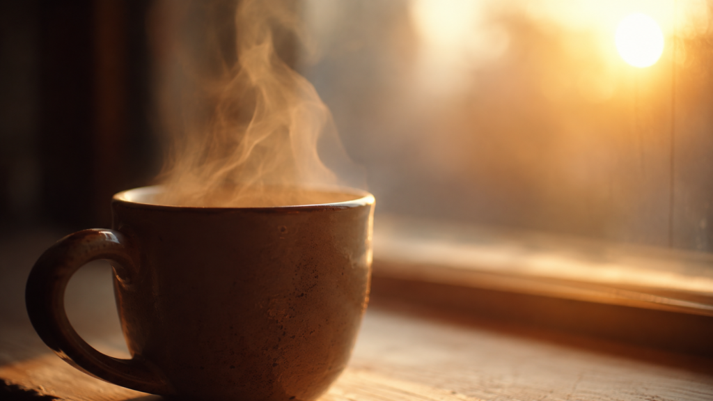 A steaming mug on a windowsill with soft sunrise light washing over it