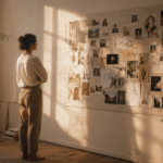 A woman standing back from a finished dream board on a sunlit wall, looking at it with a quiet expression