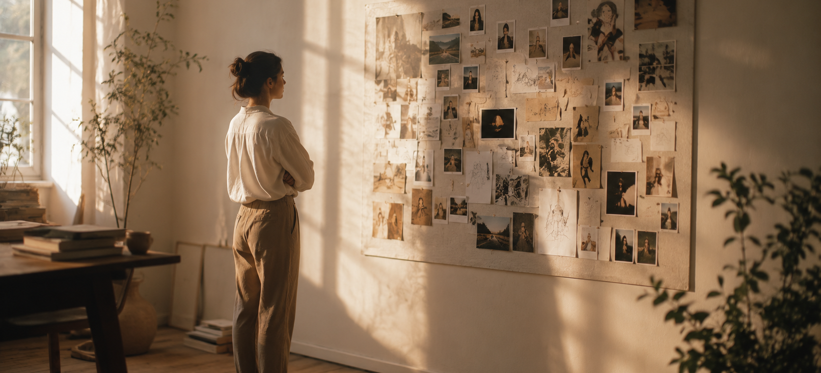 A woman standing back from a finished dream board on a sunlit wall, looking at it with a quiet expression