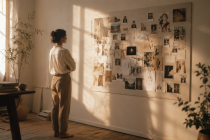 A woman standing back from a finished dream board on a sunlit wall, looking at it with a quiet expression