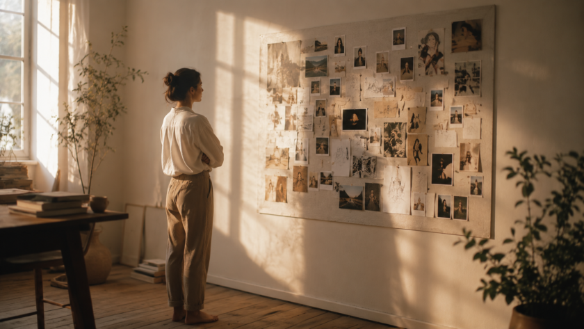 A woman standing back from a finished dream board on a sunlit wall, looking at it with a quiet expression