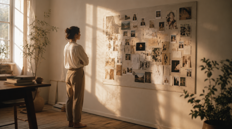 A woman standing back from a finished dream board on a sunlit wall, looking at it with a quiet expression