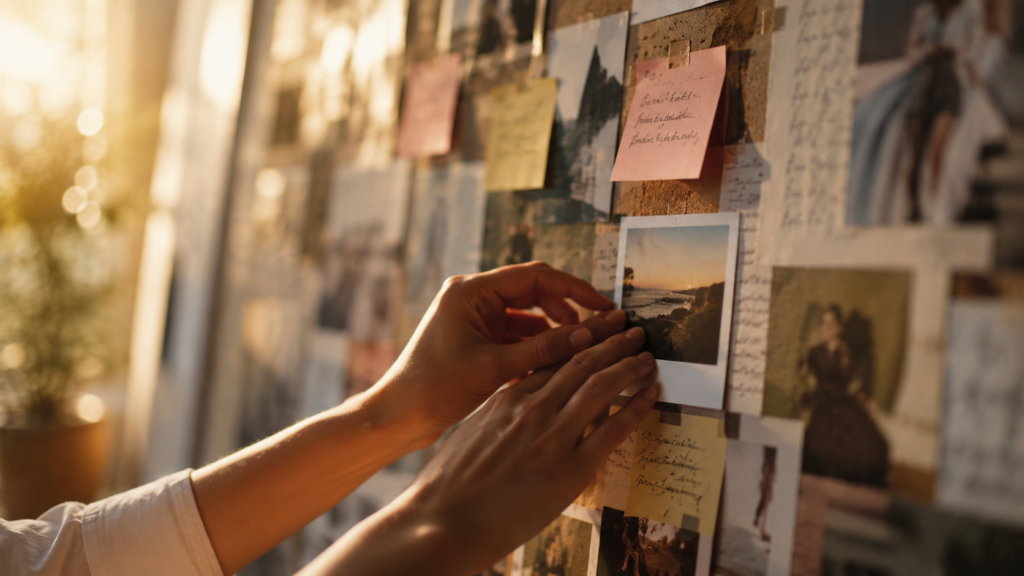 ands pinning a photo to a large corkboard covered with colorful images and handwritten notes