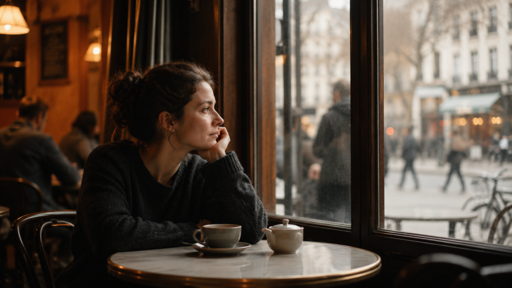 A woman sitting alone in a café window, looking outside with a calm and open expression
