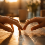 Two hands reaching toward each other over a sunlit wooden table, almost but not quite touching