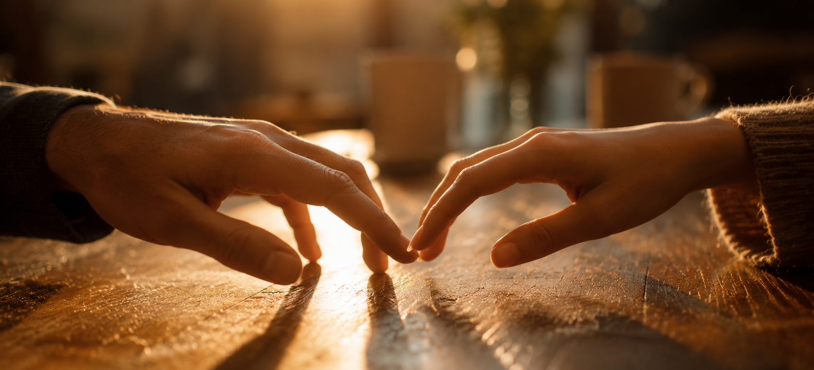Two hands reaching toward each other over a sunlit wooden table, almost but not quite touching