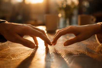 Two hands reaching toward each other over a sunlit wooden table, almost but not quite touching