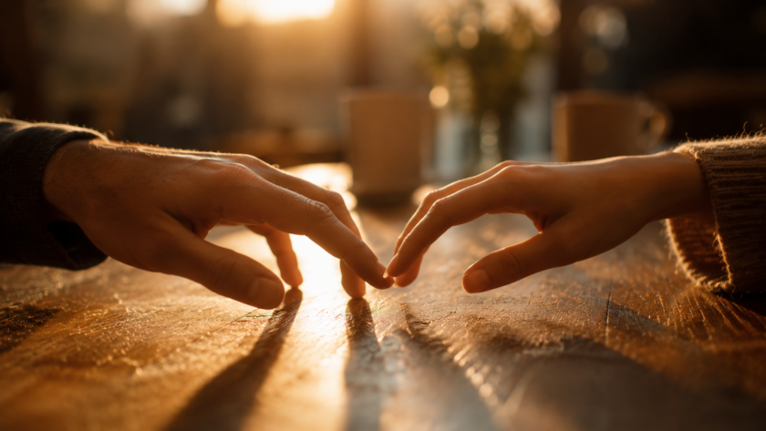 Two hands reaching toward each other over a sunlit wooden table, almost but not quite touching