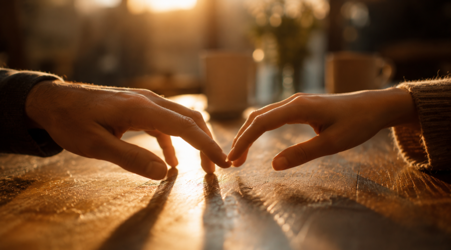 Two hands reaching toward each other over a sunlit wooden table, almost but not quite touching