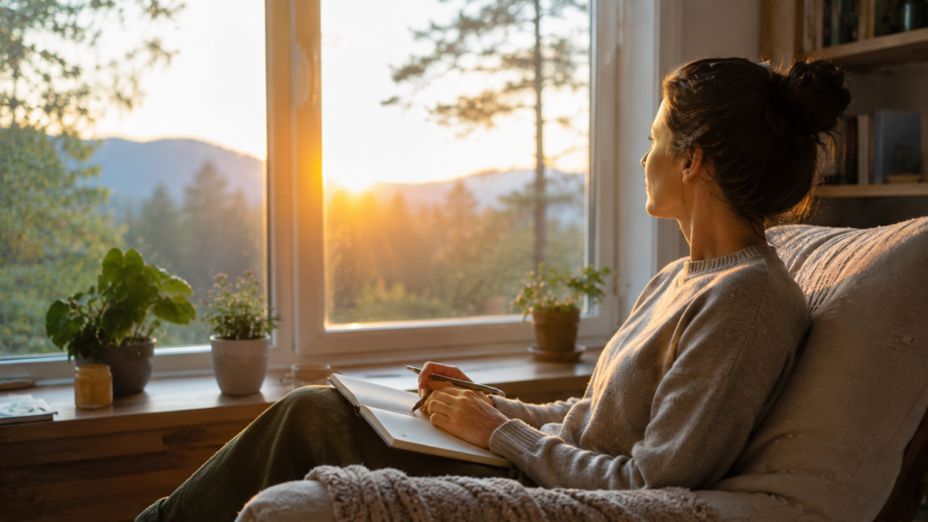 peaceful adult sitting beside a large window in the early morning, hands gently resting on an open journal, soft natural sunlight illuminating the room,